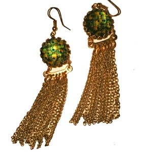 2.5" Glistening Peacock Feather Jewel With Golden Dangle Chains Earrings